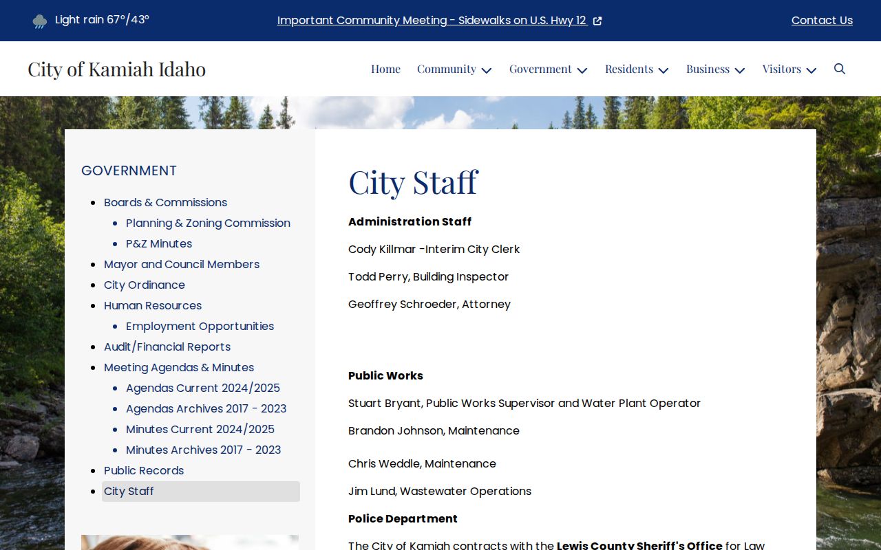 Kamiah city staff page showing Lewis County Sheriff contract law enforcement