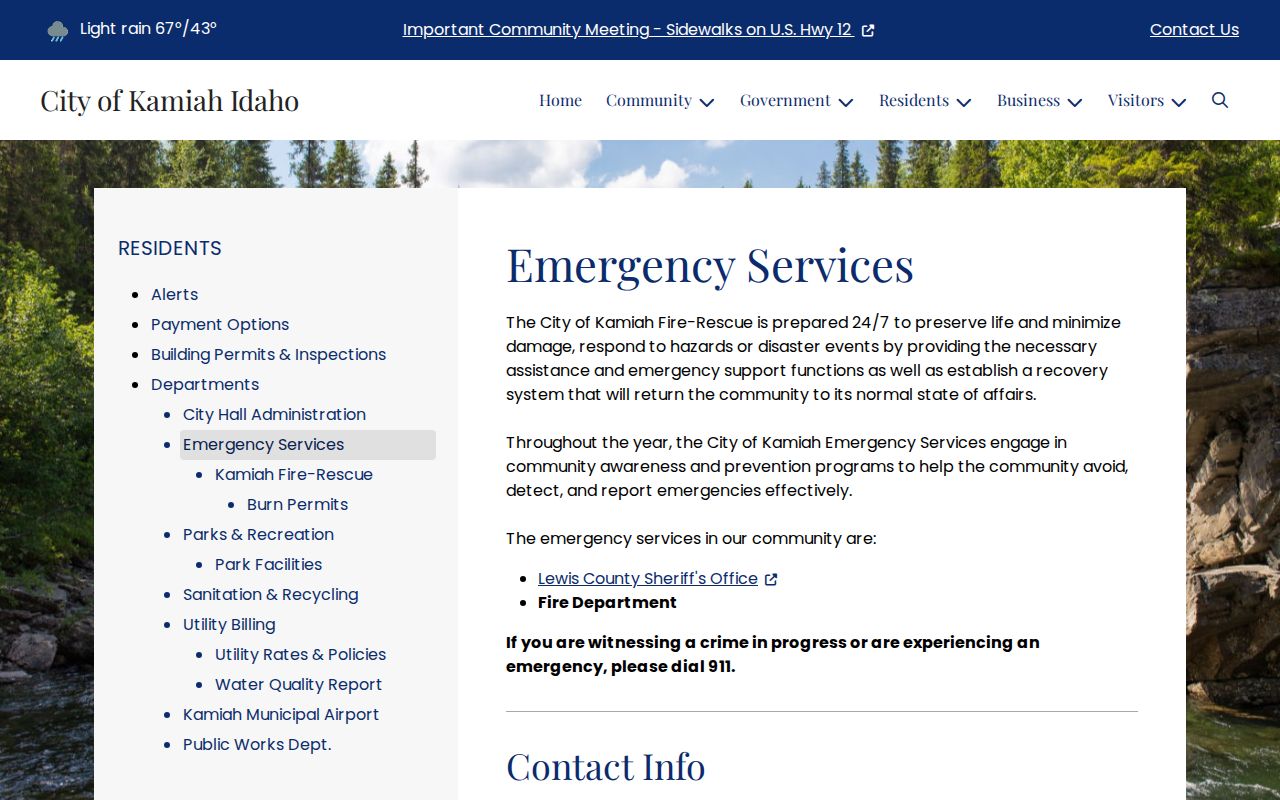 Kamiah emergency services page listing the Lewis County Sheriff