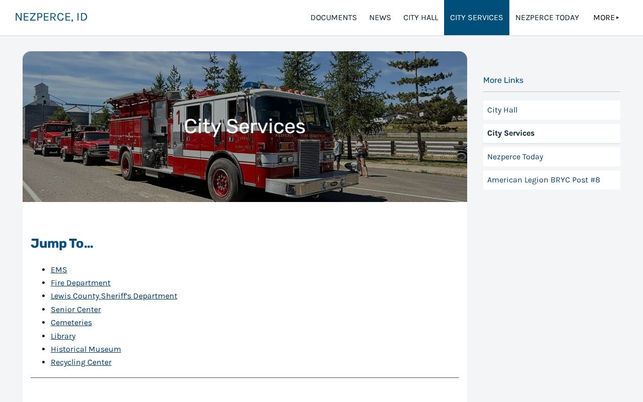 City of Nezperce services page listing Lewis County Sheriff contract policing